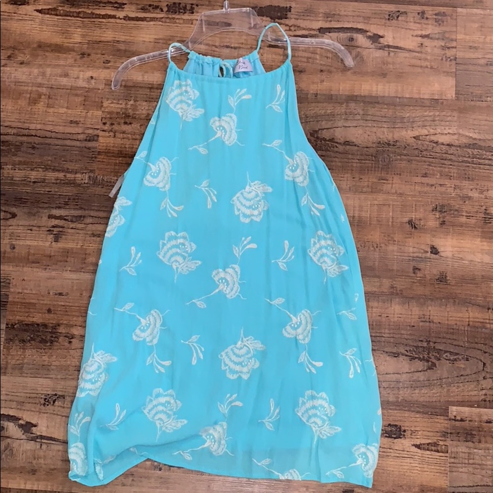 Light blue halter dress with cream embroidery